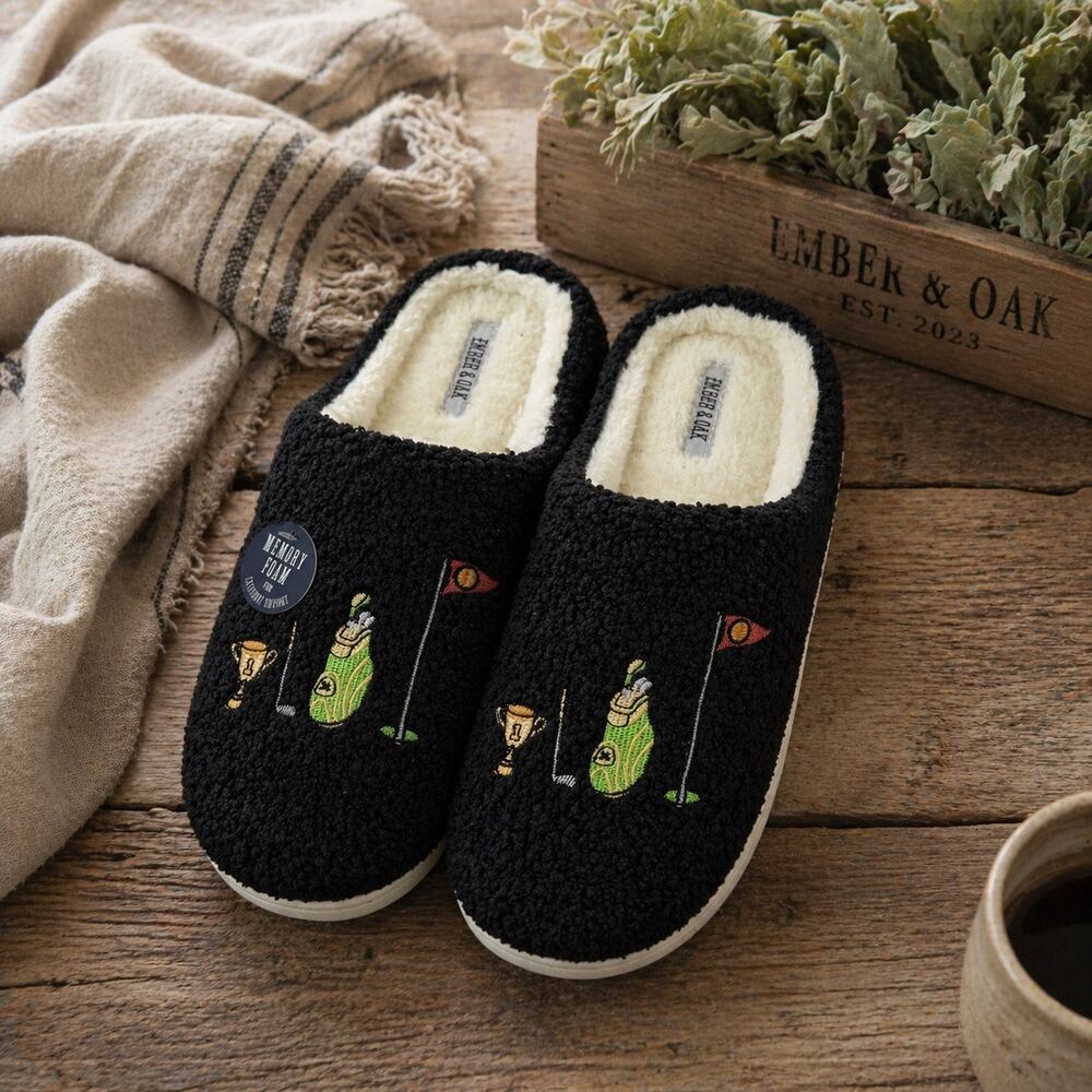 Ember & Oak Men’s Embroidered Golf Slippers NWT Size L 11-12 Memory Foam